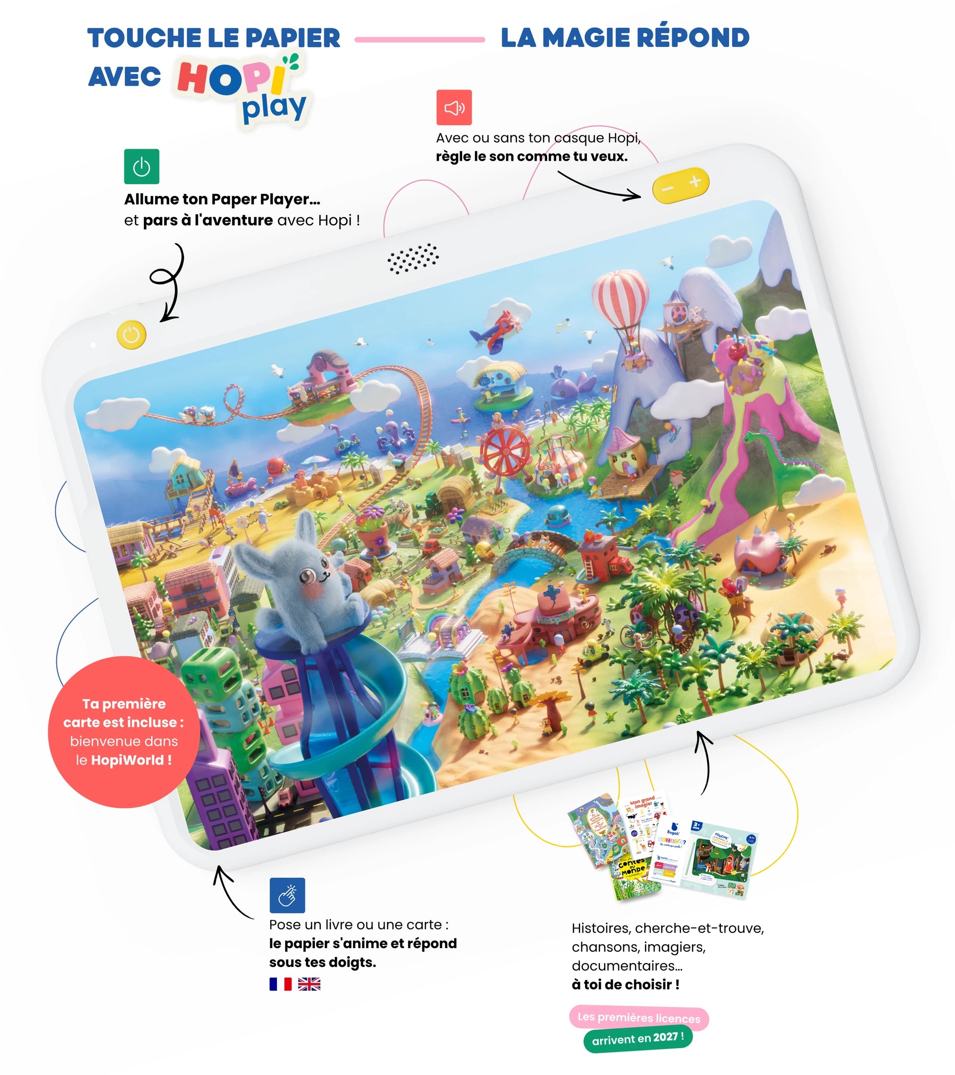 Touche le papier avec HopiPlay, la magie répond. La première carte HopiWorld est incluse. Les premières licences arrivent en 2027.